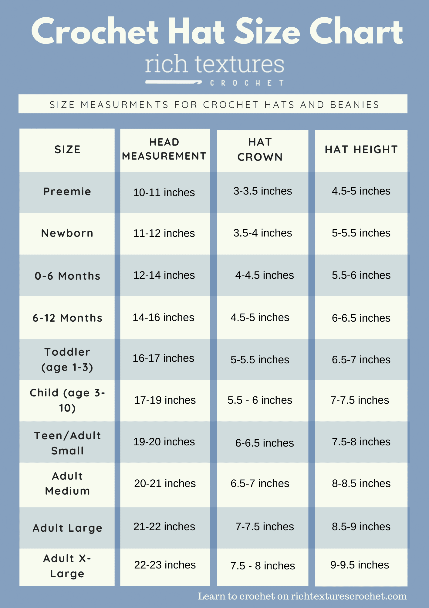 Printable Crochet Hat Size Chart