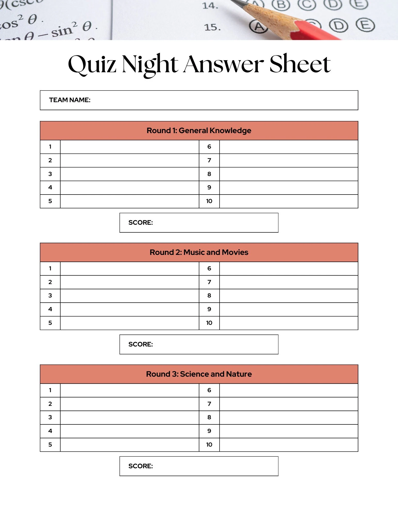 Trivia Answer Sheets Printable Quiz Sheets For Game Nights Fun Family Activity Instant Download Etsy