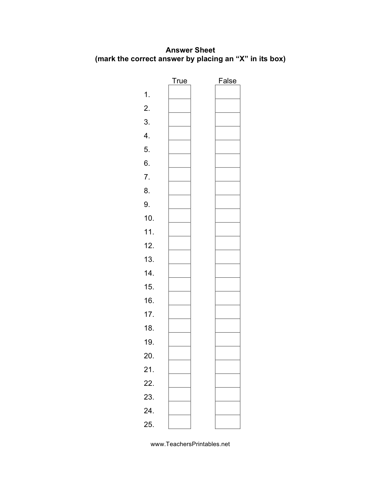 True False Answer Sheet True False Answer Sheet