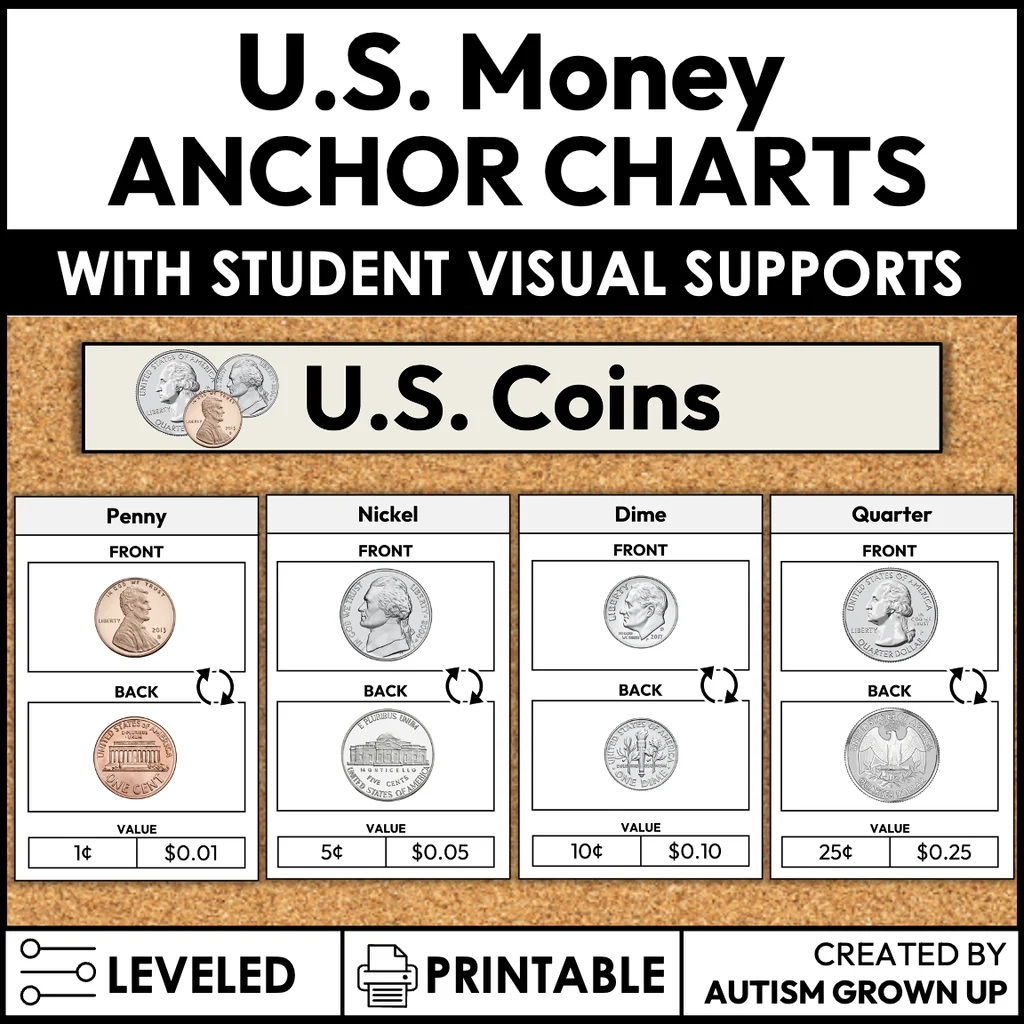 U S Money Anchor Charts Visuals Coins And Bills Autism Grown Up