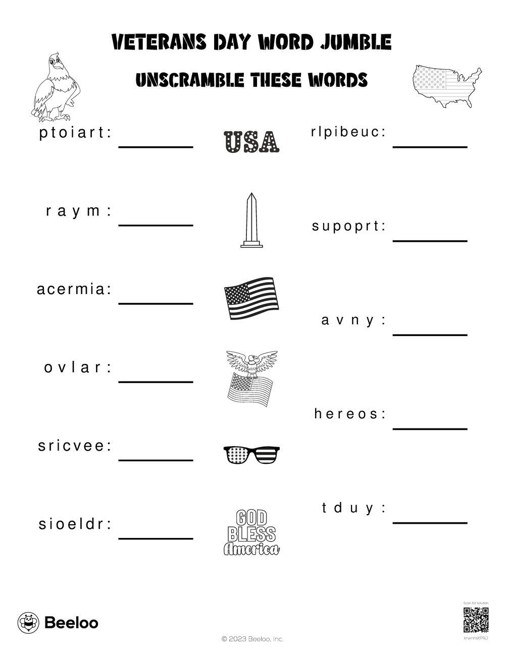 Veterans Day Word Jumble Beeloo Printable Crafts And Activities For Kids