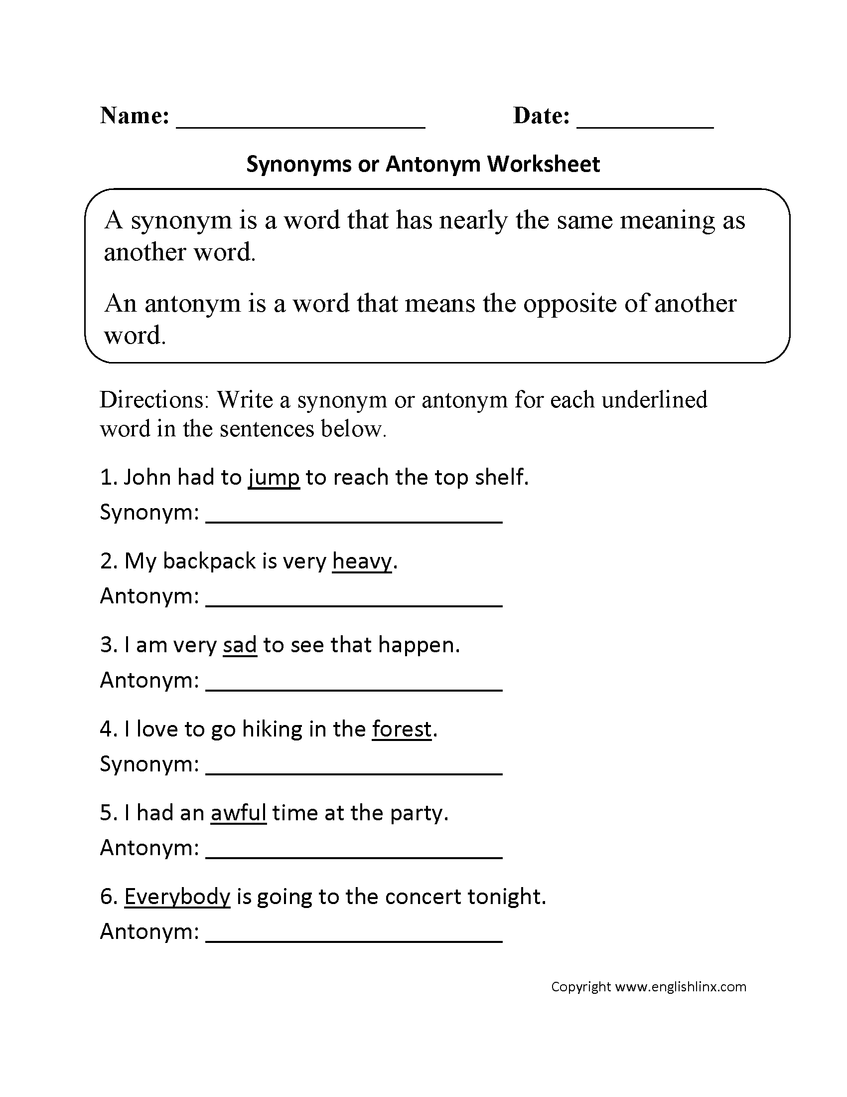 Synonyms And Antonyms Printable Worksheets