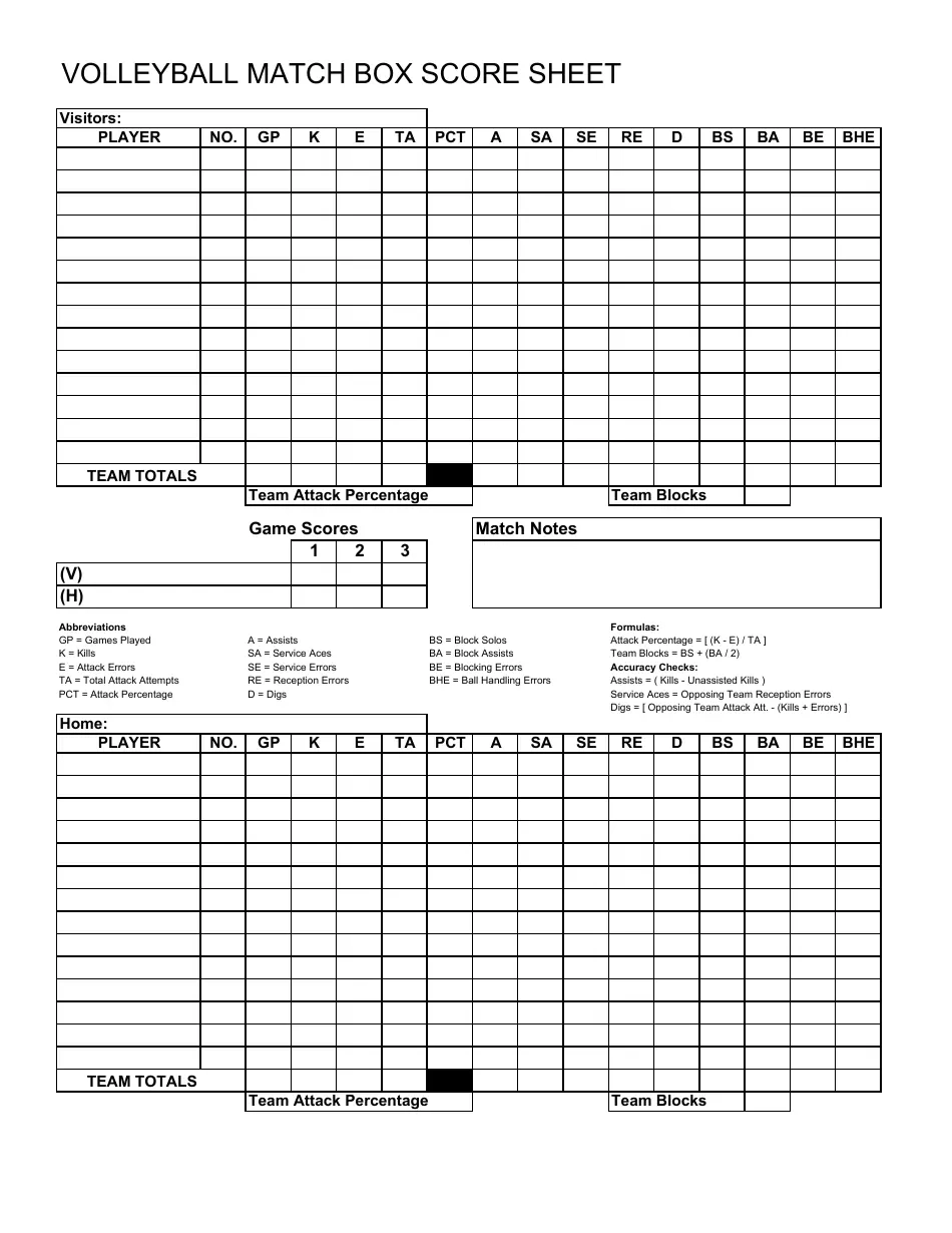 Volleyball Match Box Score Sheet Template Download Printable PDF Templateroller