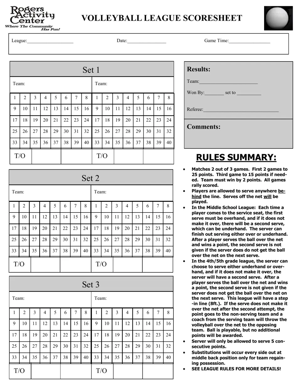 Volleyball Score Sheet Rogers Activity Center Download Printable PDF Templateroller