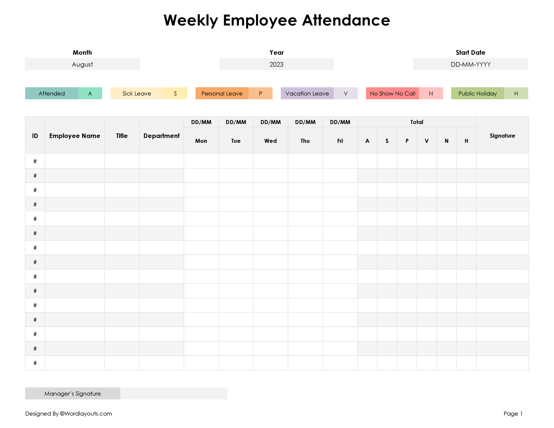 Weekly Attendance Sheet Template For Excel Word