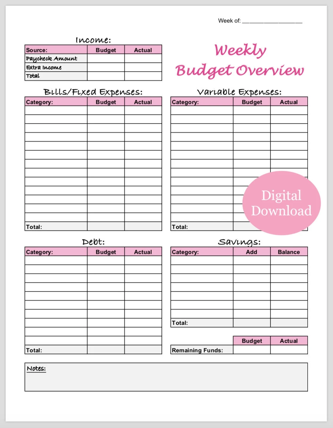 Free Printable Weekly Budget Worksheet