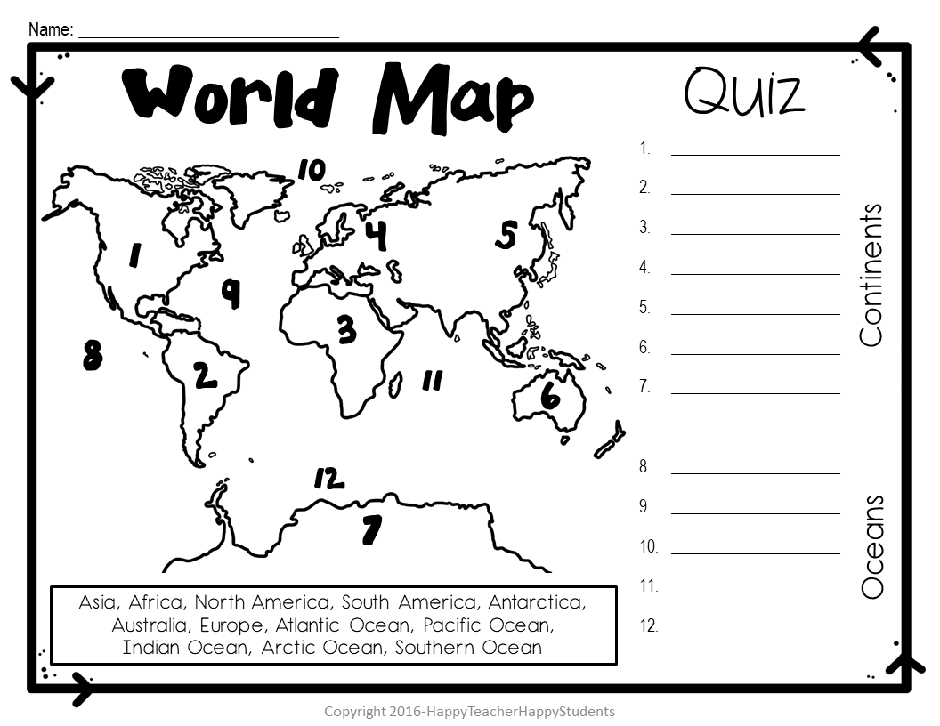 Continents And Oceans Map Quiz Printable