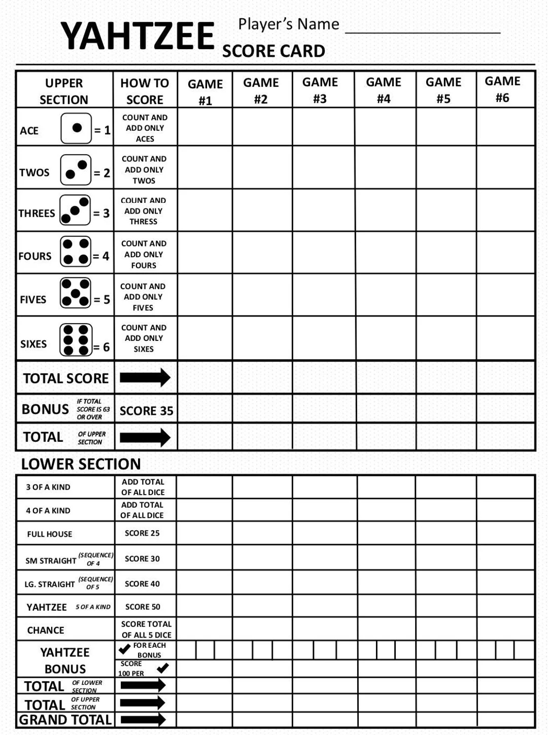 Yahtzee Score Sheet Free Printable