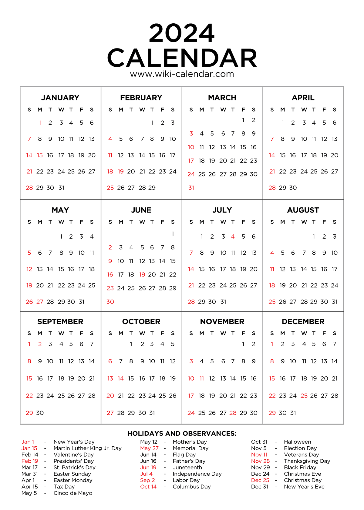Year 2024 Calendar Printable With Holidays Wiki Calendar