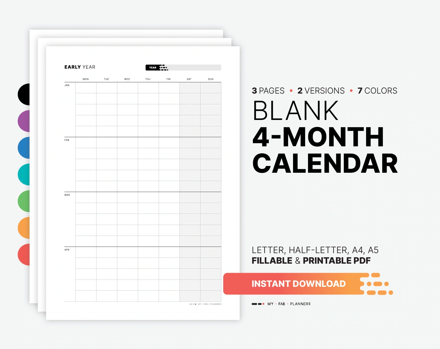 Yearly 4 month Calendar Fillable Planner Template Blank Yearly Monthly Digital Wall Calendar Printable Letter Half letter A4 A5 PDF Etsy