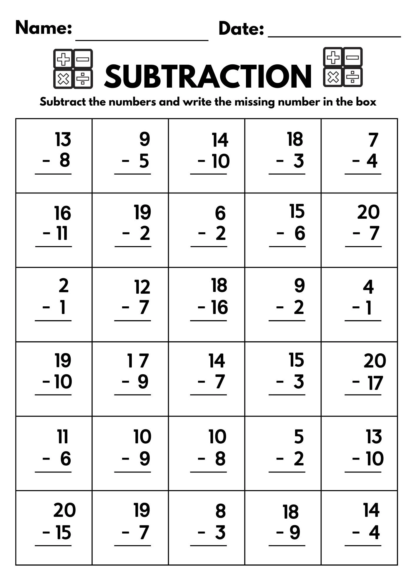 10 Printable Subtraction Fill In The Blanks Worksheets numbers 1 20 For Kindergarten 1st Grade 2nd Grade Math Subtraction Worksheets Etsy UK