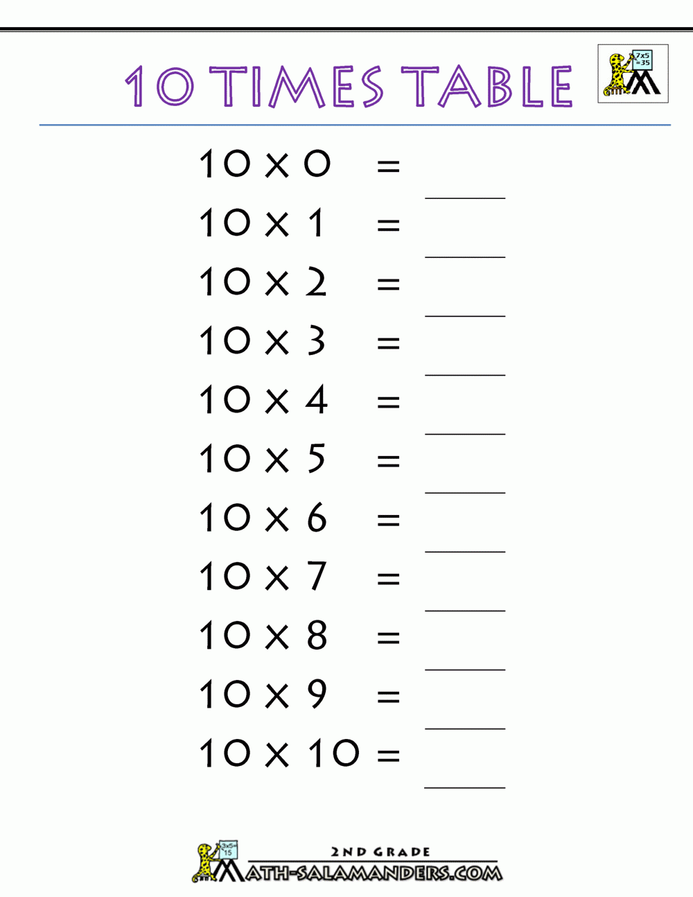 10 Times Table Worksheet Printable