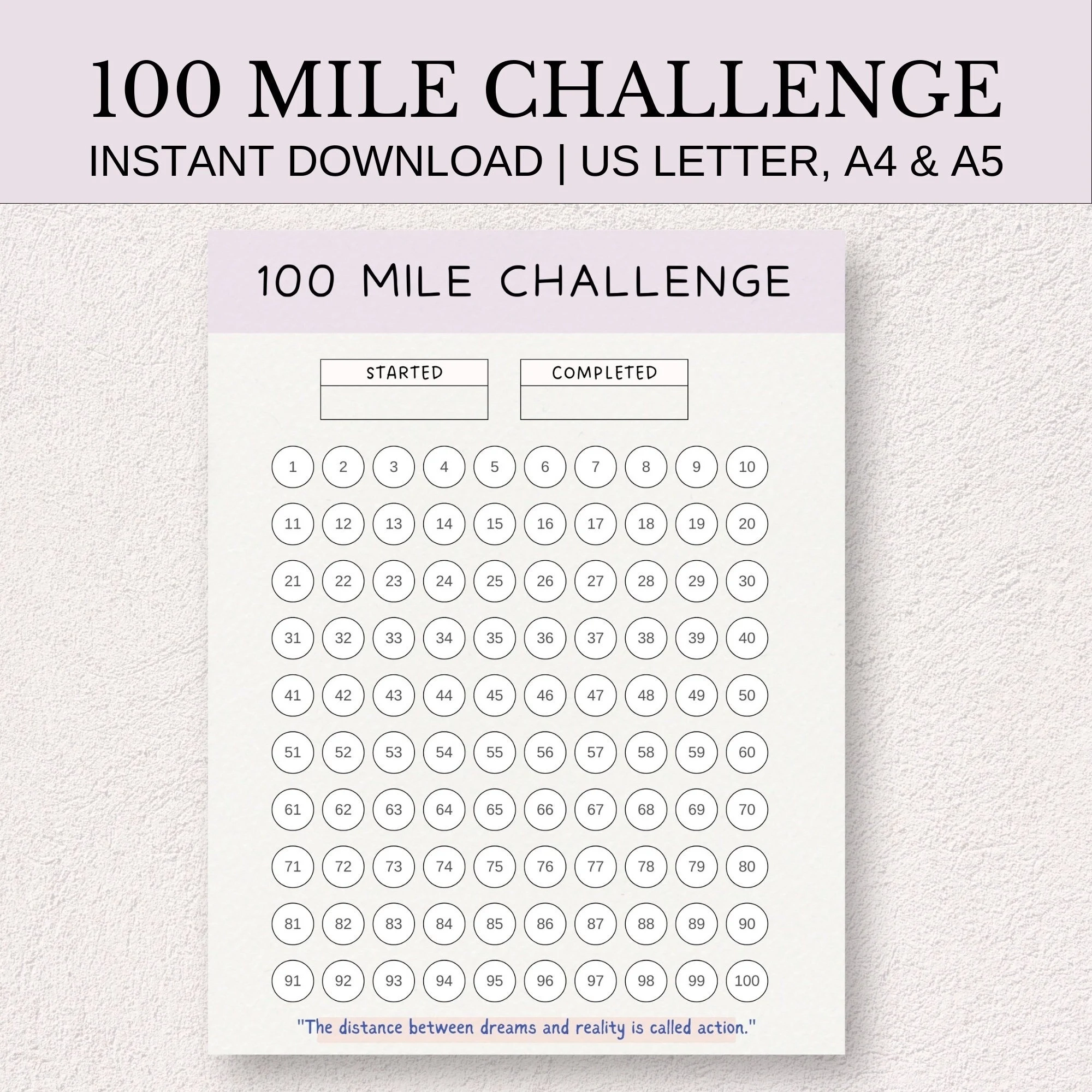 100 Mile Challenge Tracker Printable Fitness Goal Planner digital Download Etsy