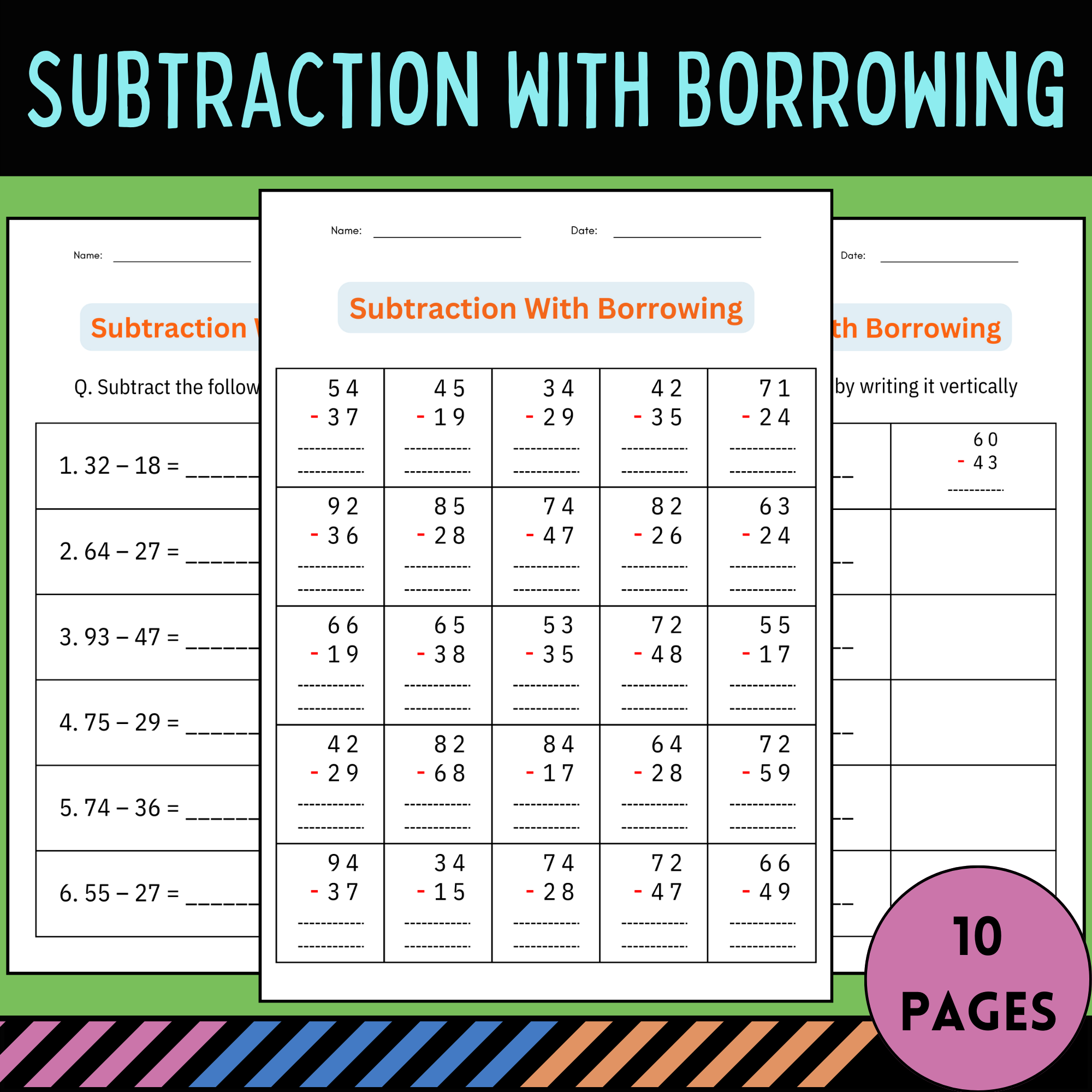 Printable Subtraction Worksheets With Borrowing