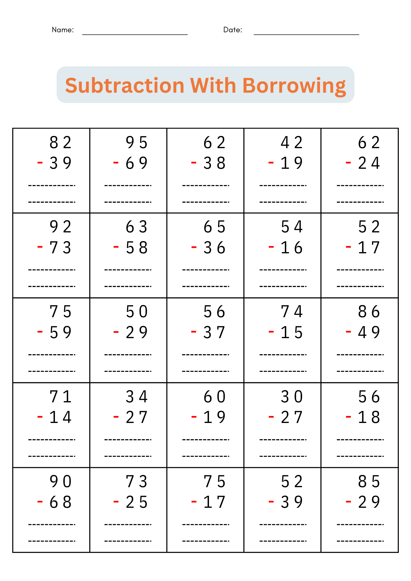 Printable Subtraction Worksheets With Borrowing