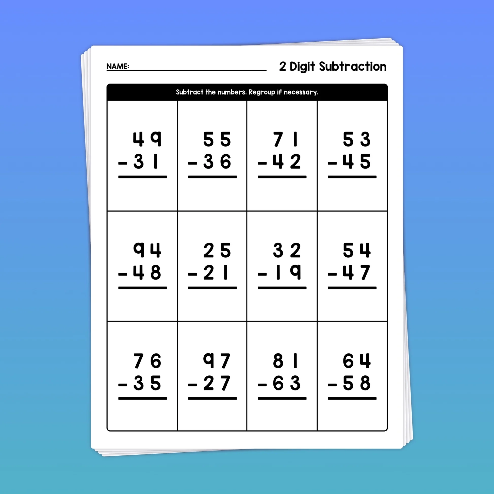2 Digit Subtraction With Regrouping Worksheets Printable PDF That Little Robot
