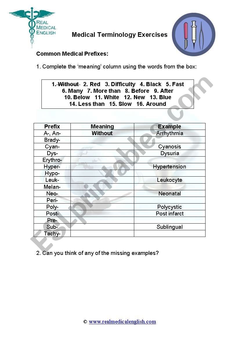 Free Printable Medical Terminology Worksheet