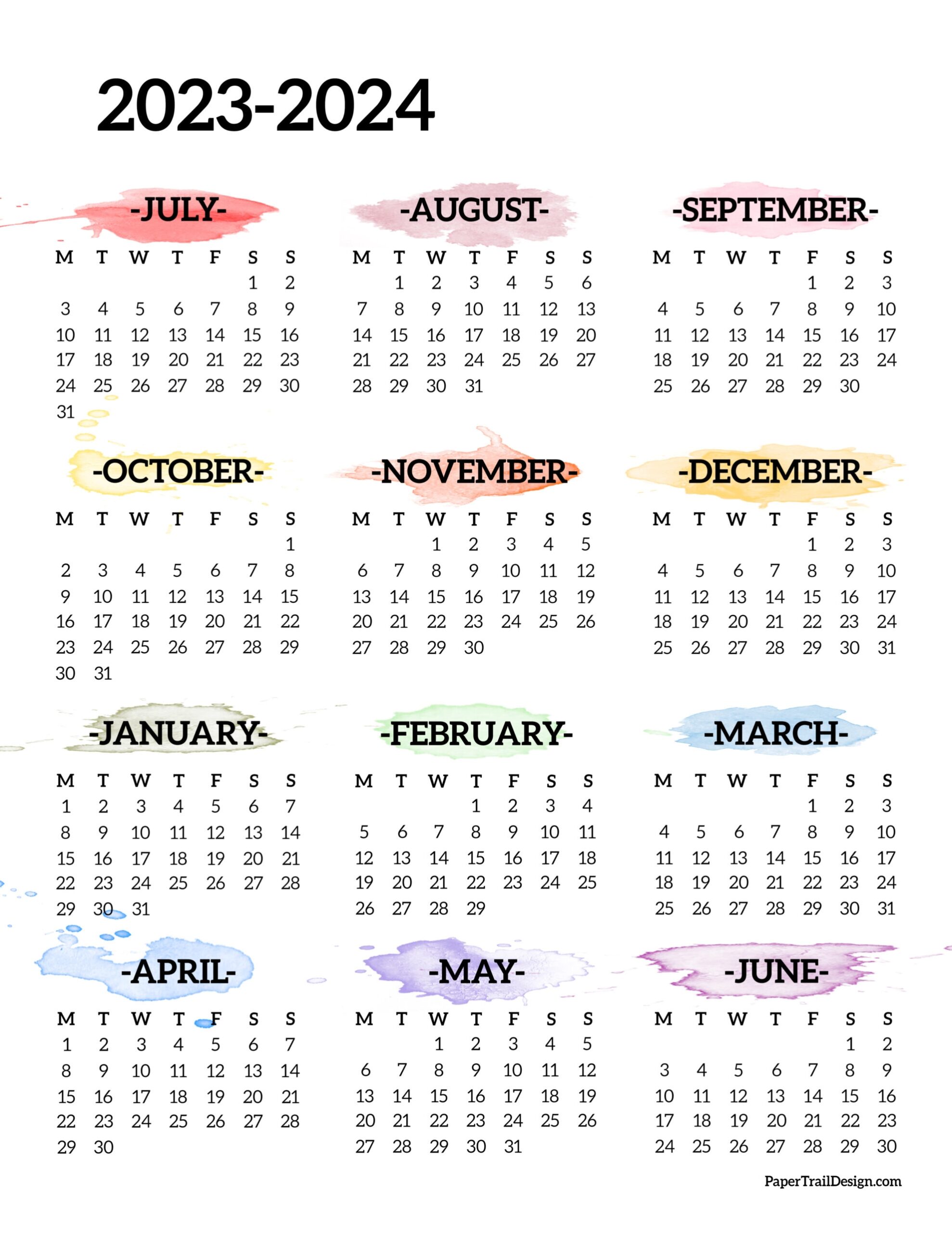 2023 2024 School Year Calendar Free Printable Paper Trail Design
