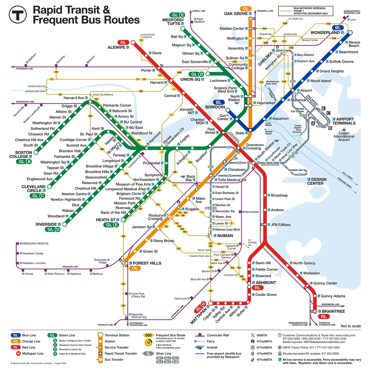2024 MBTA Rapid Transit Frequent Bus Routes Map August MBTAgifts
