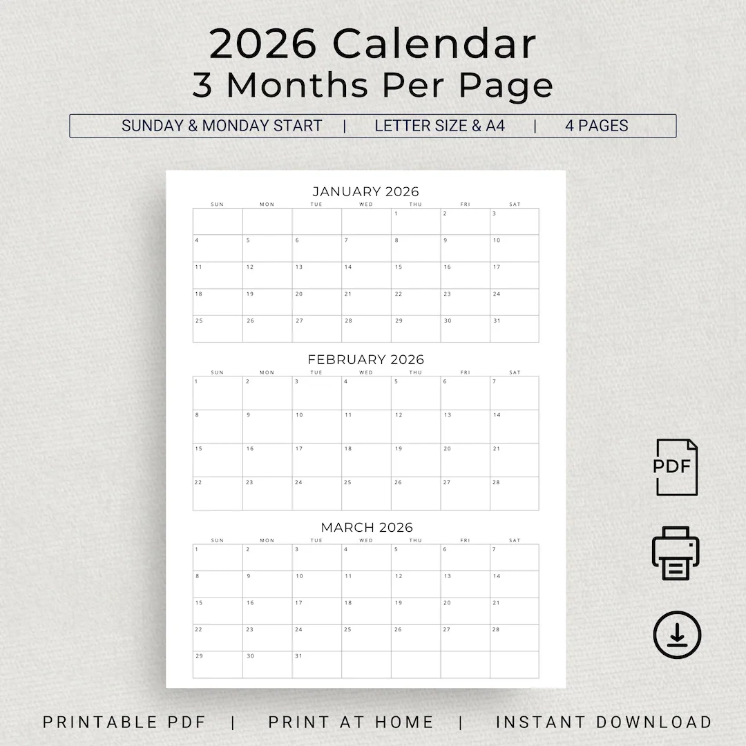 2026 Calendar 2026 3 Months Per Page Calendar Monthly Calendar Planner Printable Quarterly Office Planner 2026 Desk Planner Wall Calendar Etsy