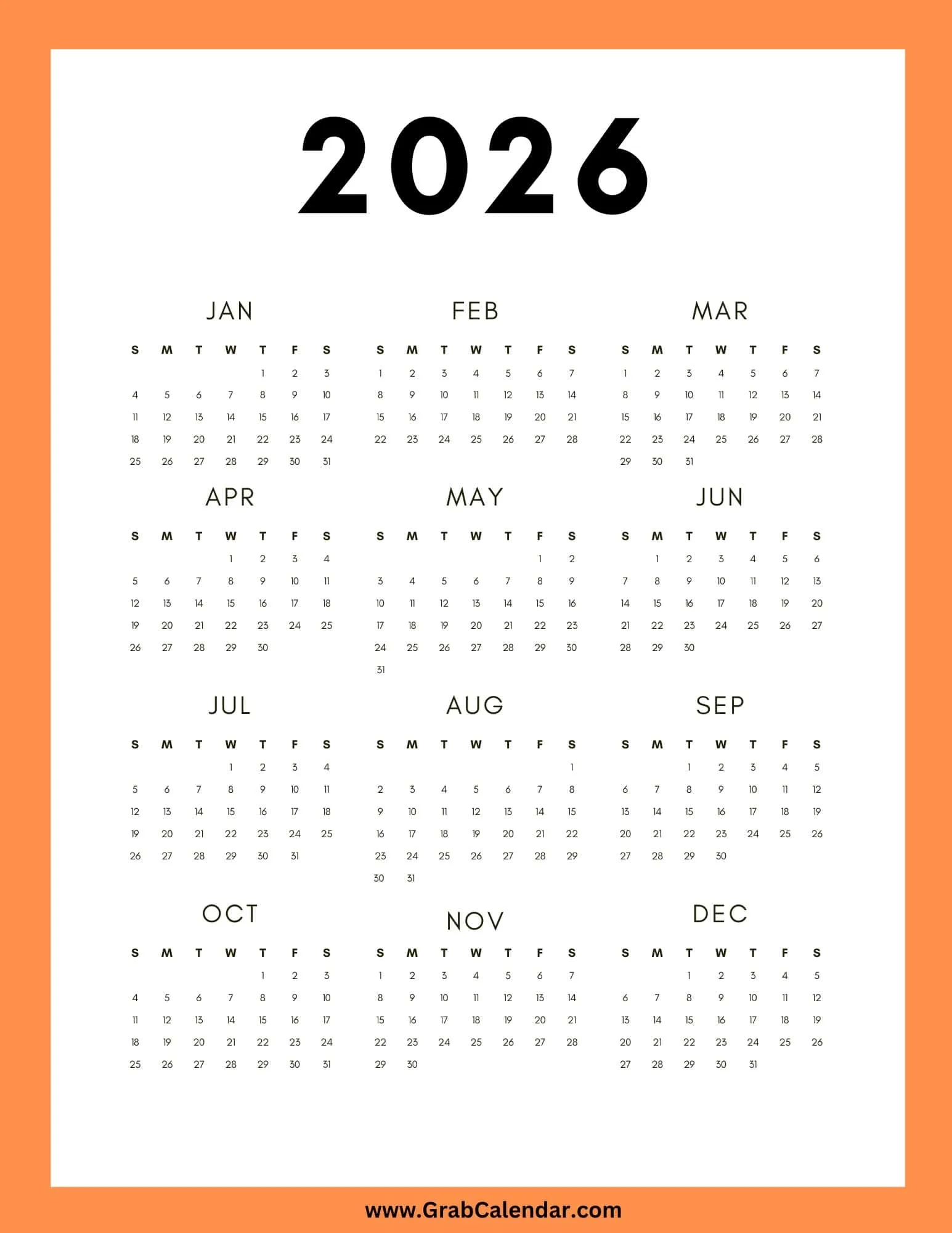 2026 Calendar Grab Calendar