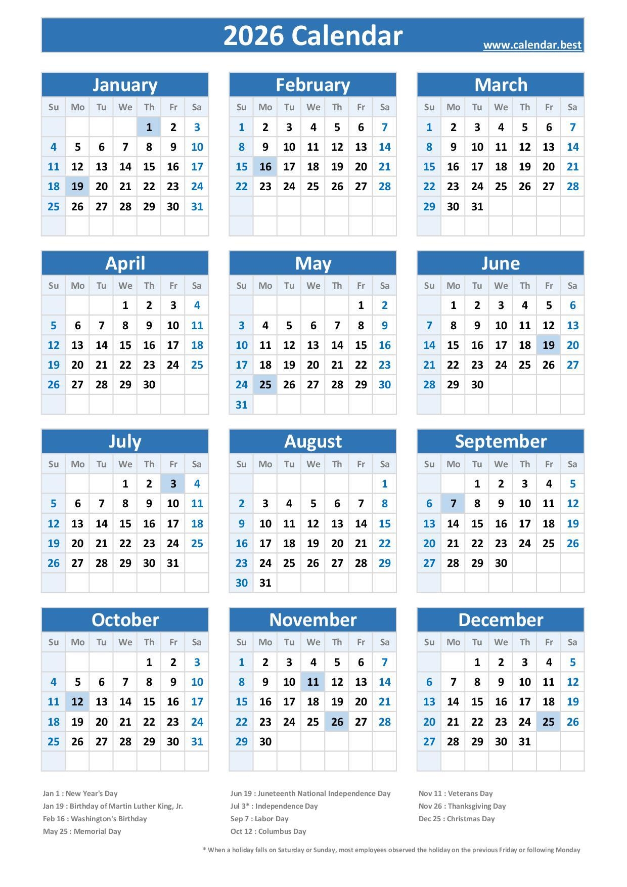 Printable Monthly Calendar With Holidays 2026