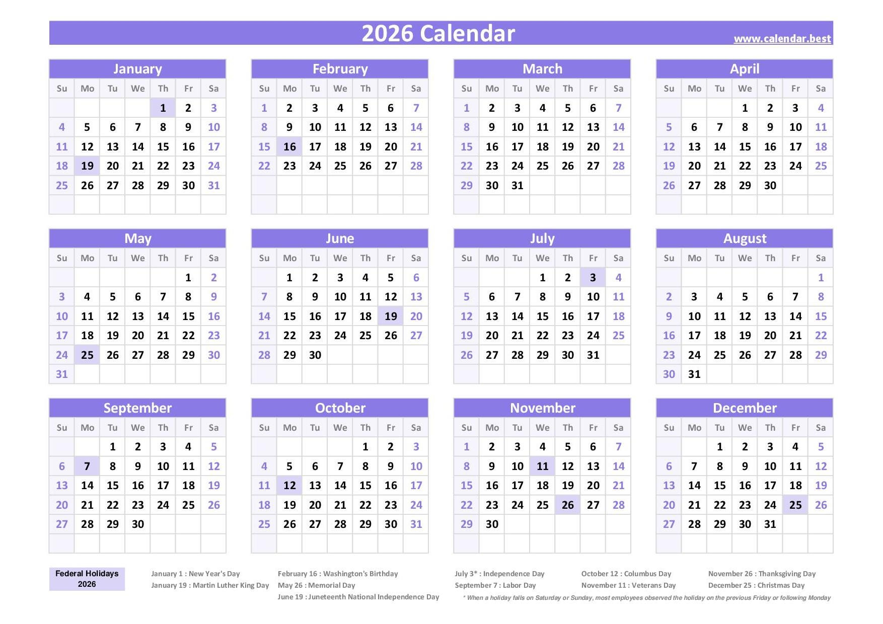 2026 Printable Monthly Calendar With Holidays