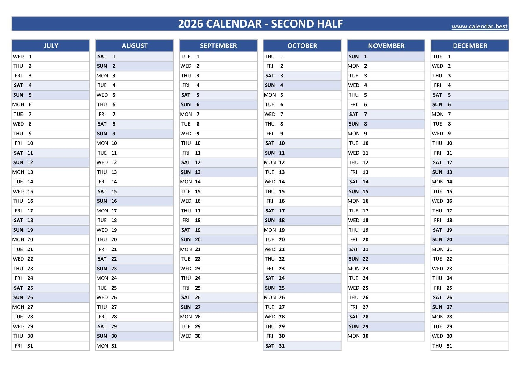 2026 6 Month Calendar Printable Free