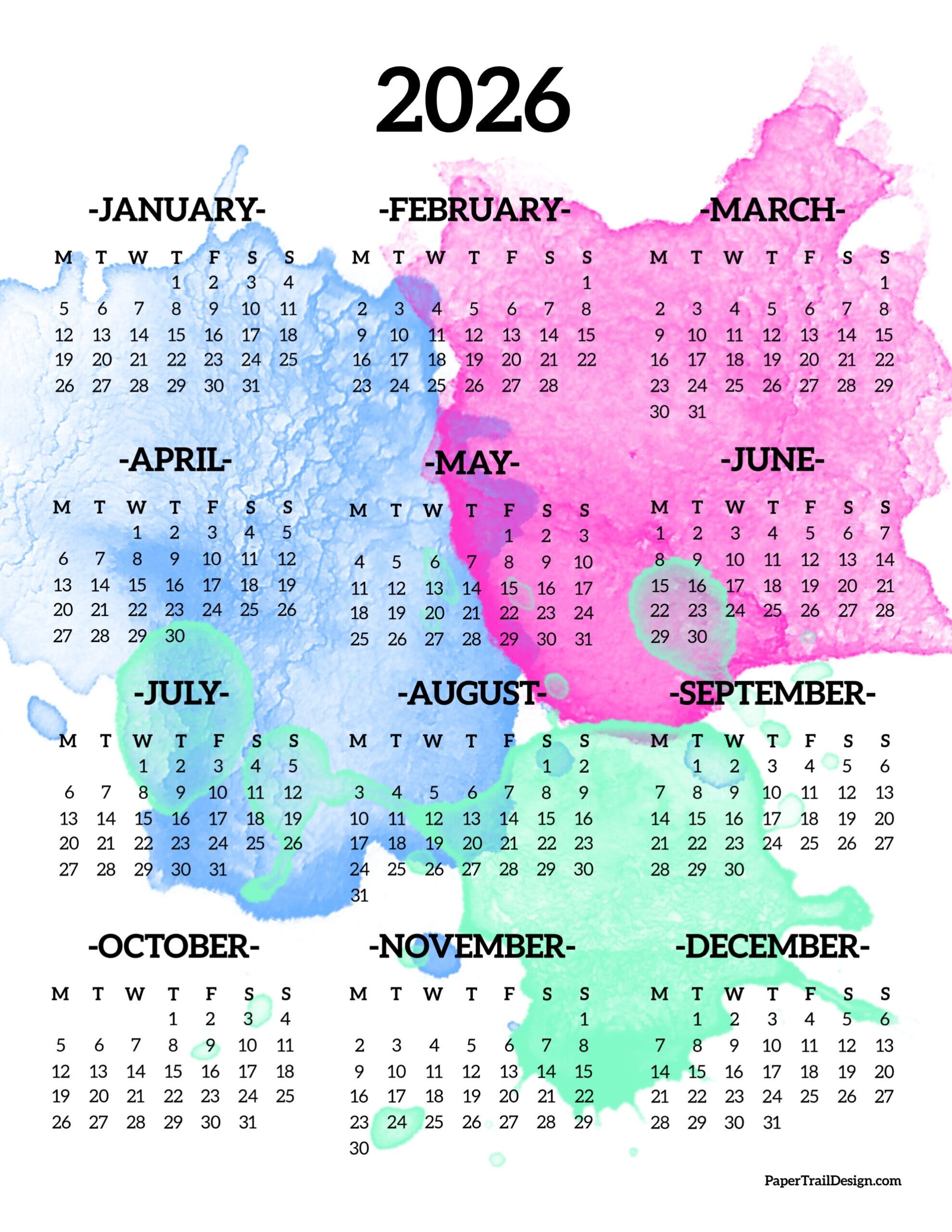 2026 Calendar Printable Monday Start