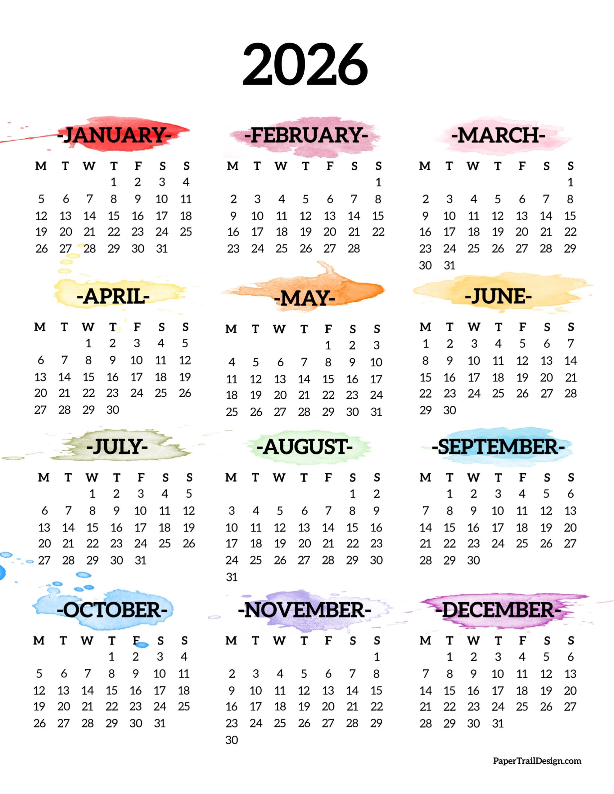 Printable Calendar 2026 On One Page