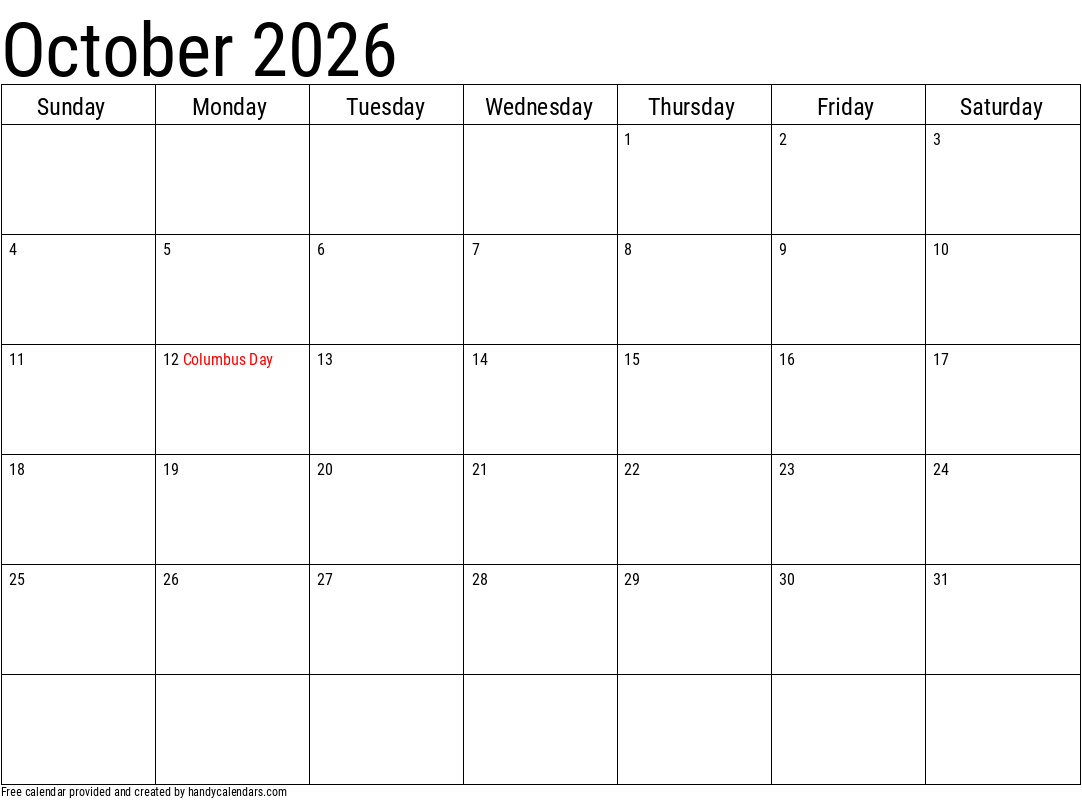2026 October Calendars Handy Calendars