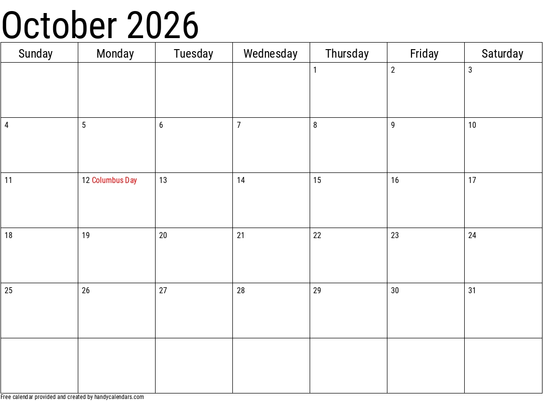 Printable October 2026 Calendar Free