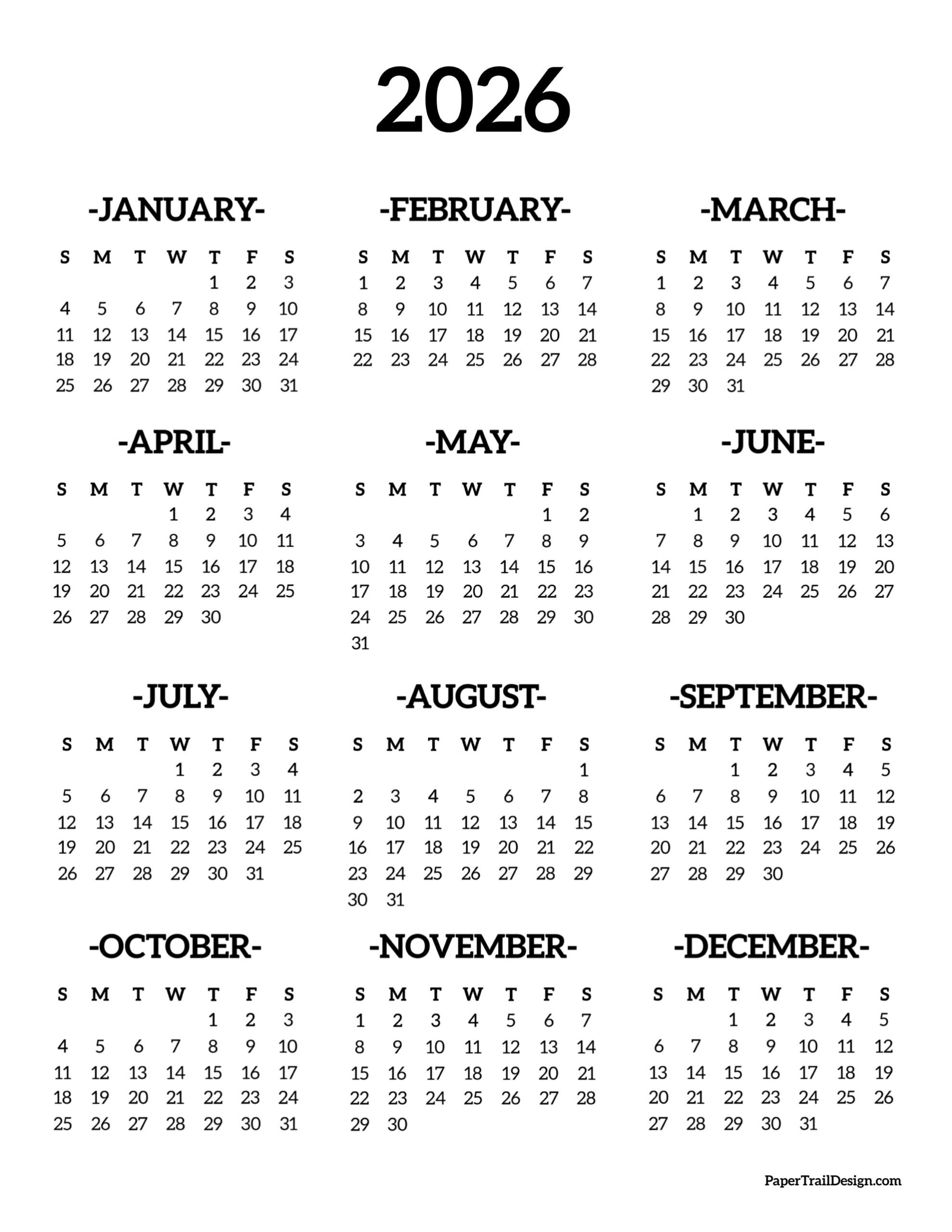 One Page 2026 Calendar Free Printable