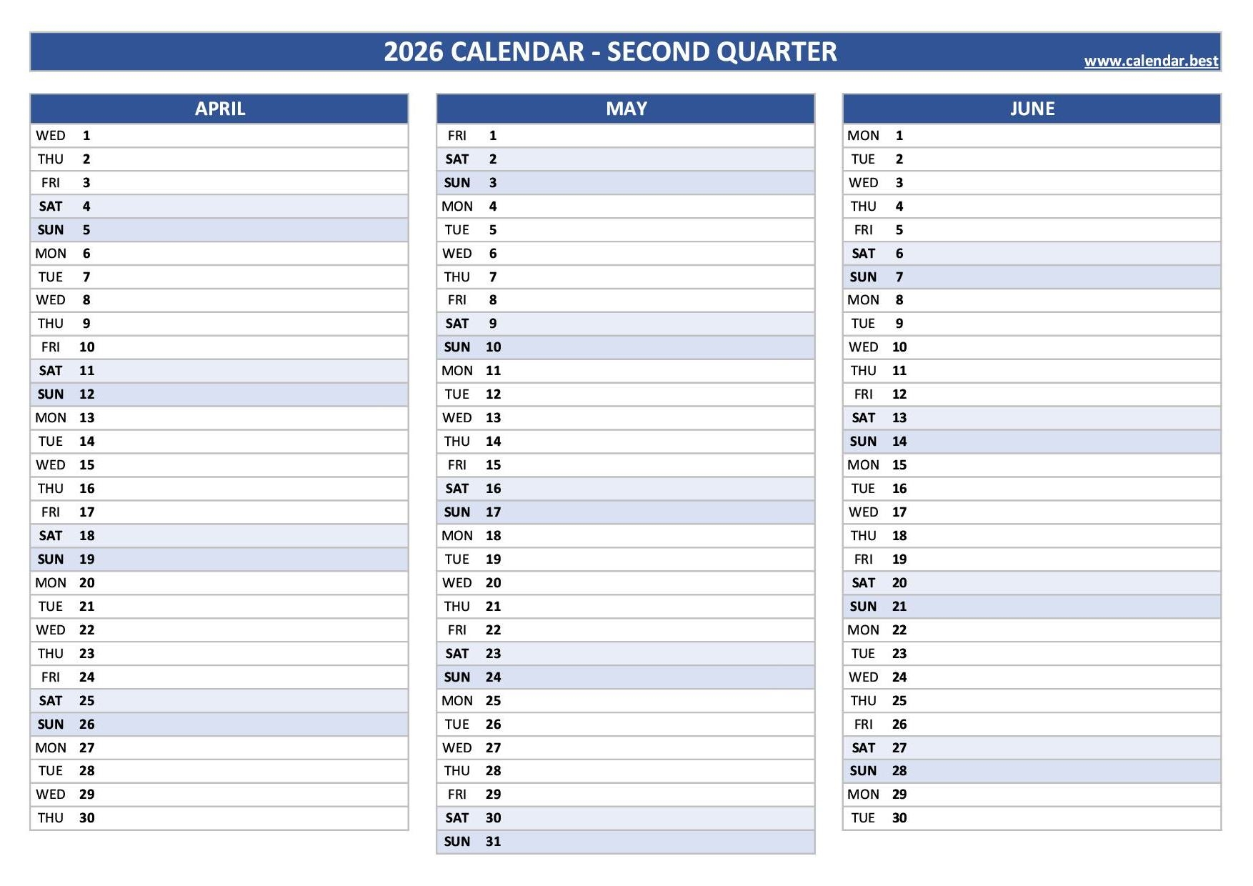 2026 Quarterly Calendar Printable Pdf