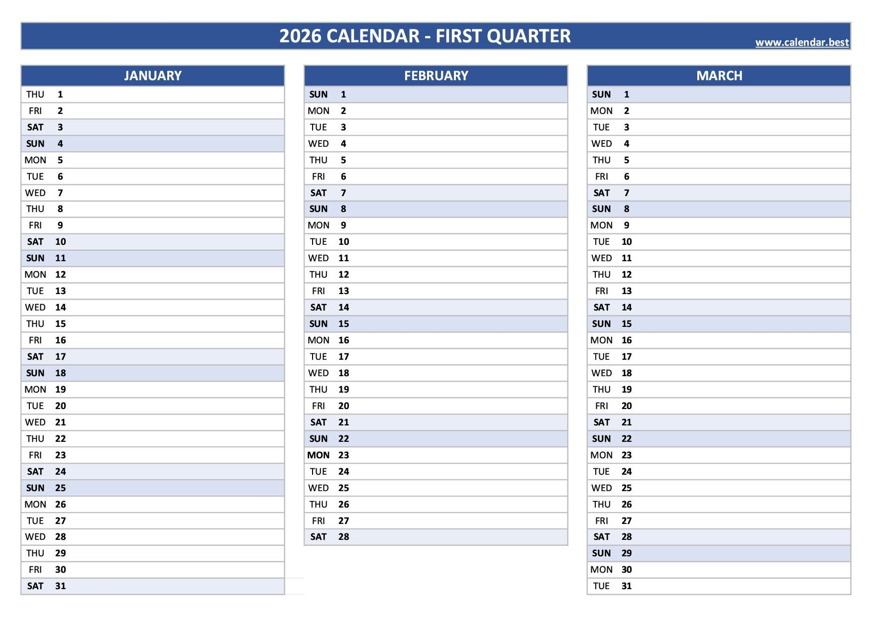 Quarterly Printable Calendar 2026