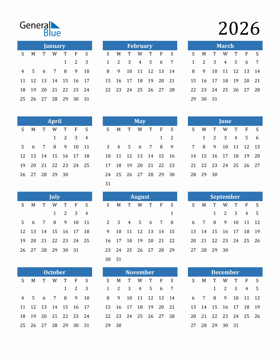 2026 Yearly Calendar