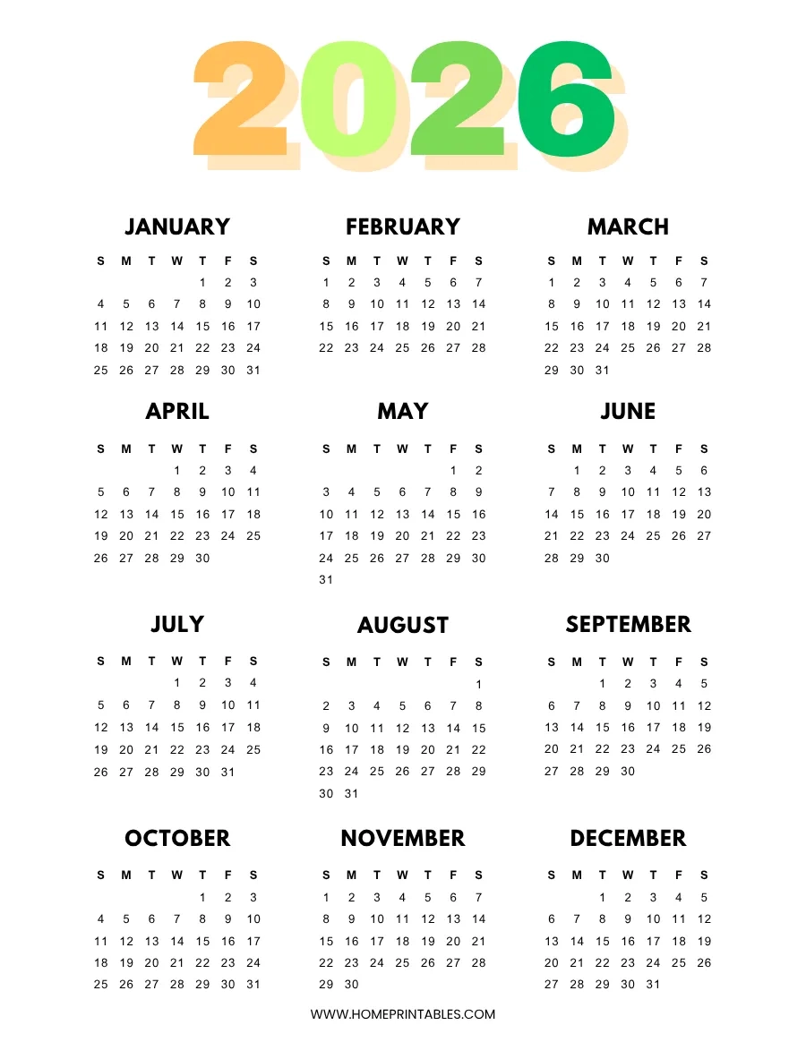 Free Printable Full Year Calendar 2026 Free Printable Full Year Calendar 2026