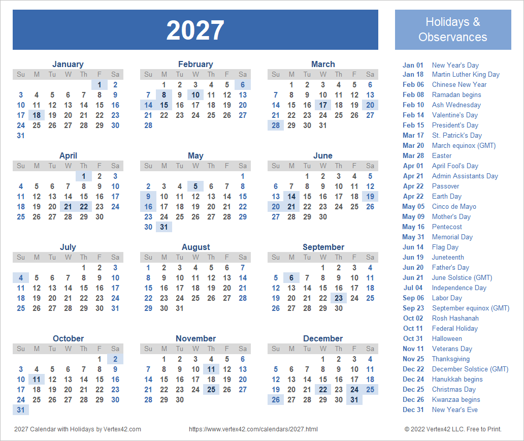2027 Calendar Printable Free