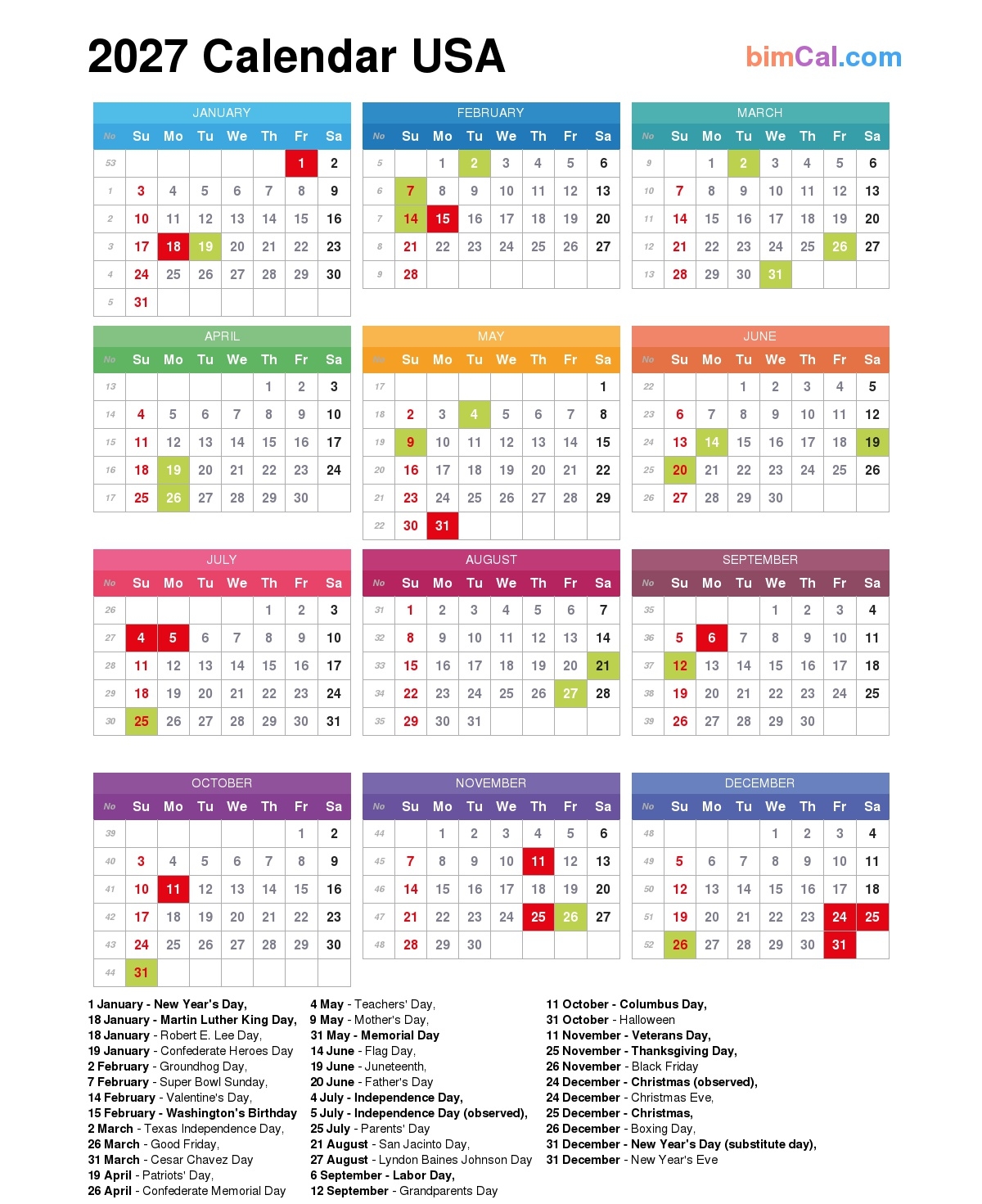 2027 Calendar USA BimCal