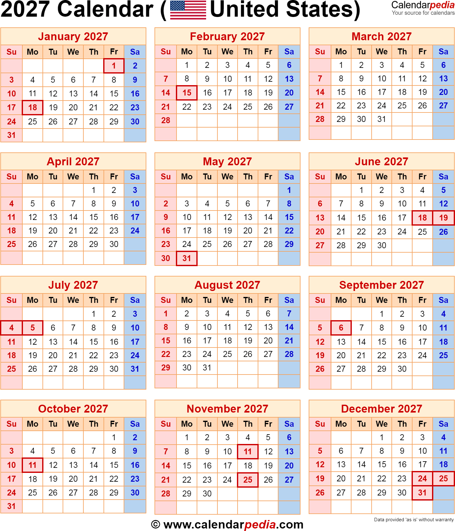 Printable 2027 Calendar With Holidays