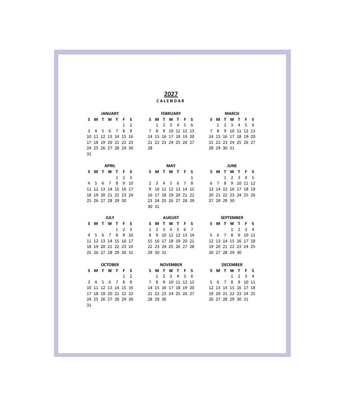 2027 Yearly Calendar Printable Sunday Start Year At A Glance PDF Portrait Etsy