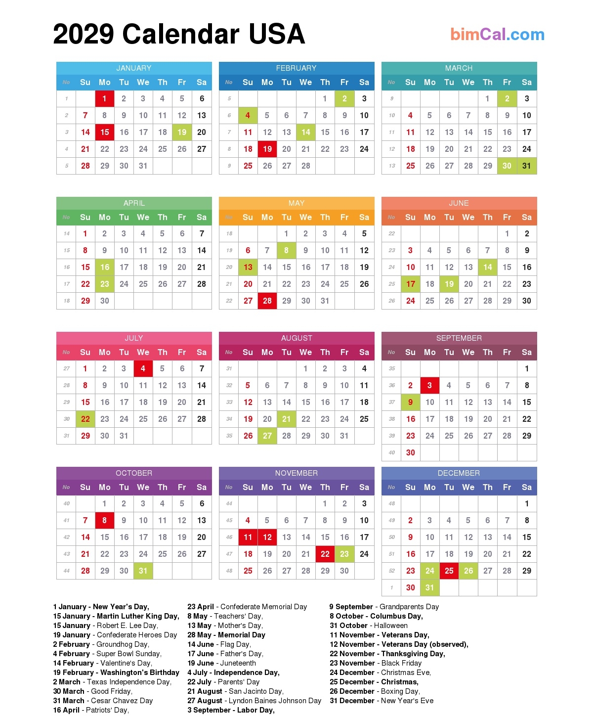 2029 Calendar USA BimCal 2029 Calendar USA BimCal