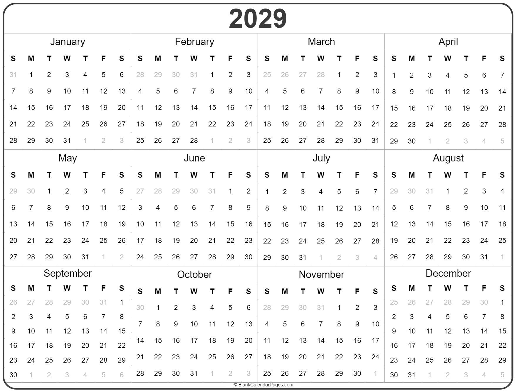 2029 Calendar Printable