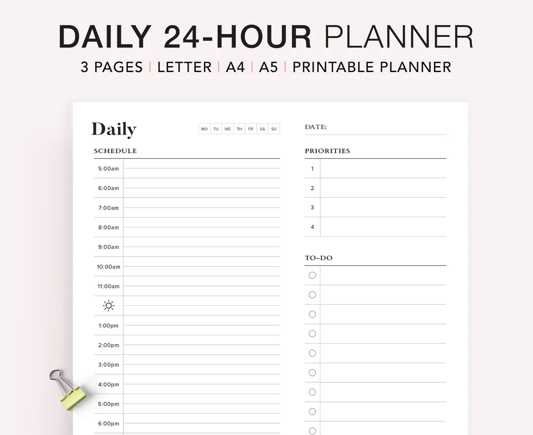 24 Hour Daily Planner Printable Hourly Schedule A5 Inserts PDF Etsy