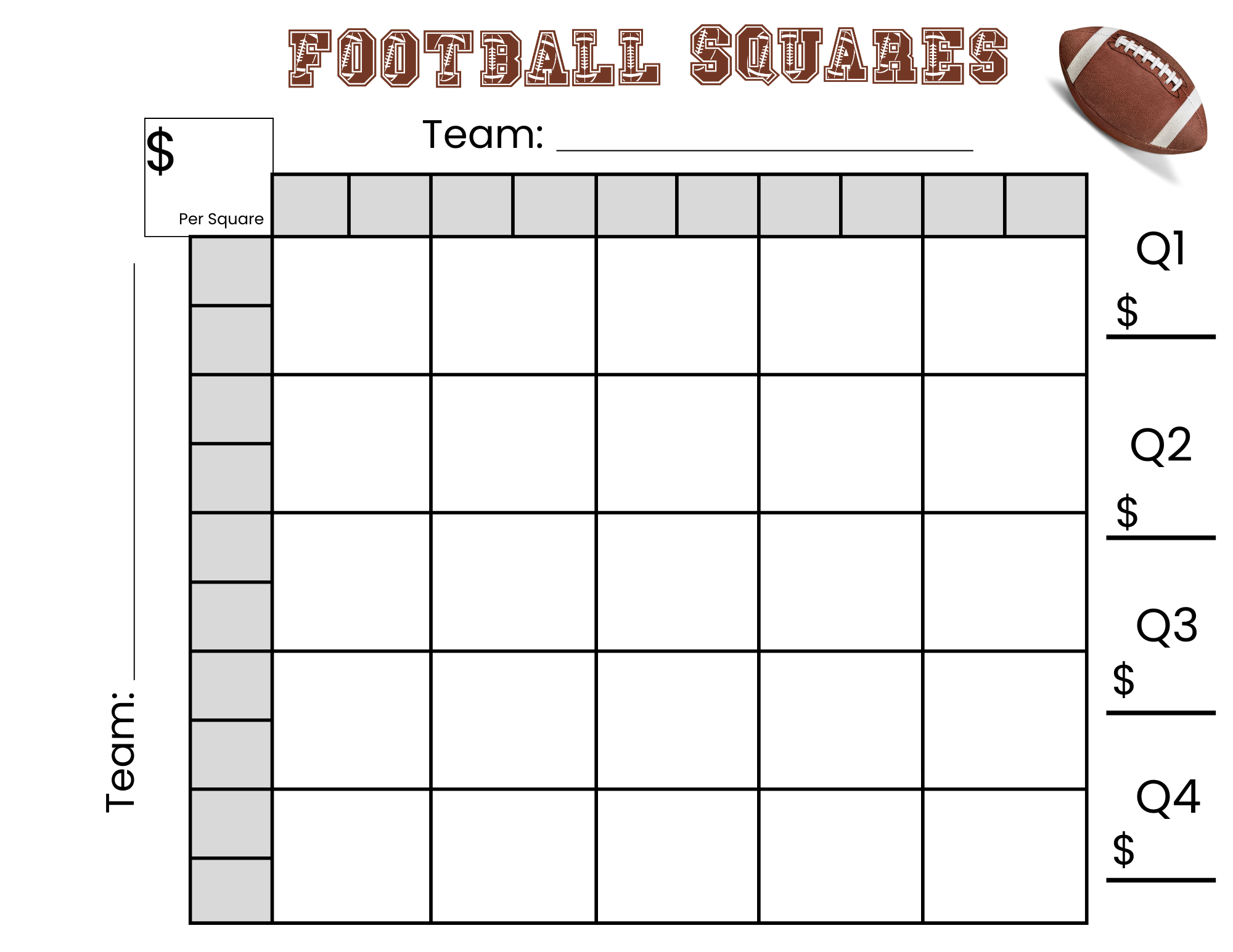 25 Football Squares Game Printable 5 5 Football Squares Instant Download 