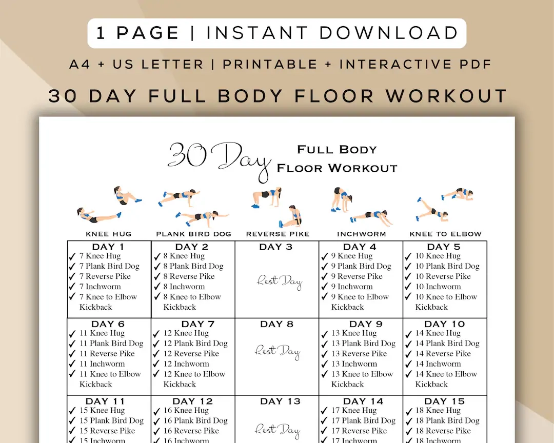 30 Day Full Body Floor Workout Printable Interactive PDF Easy To Follow Beginner Friendly Digital Home Workout Guide A4 US Letter Etsy