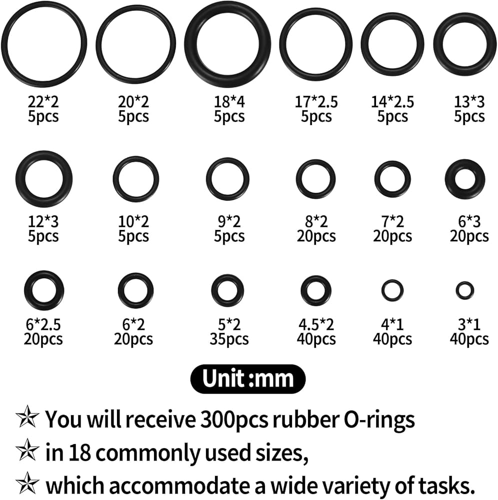 300 Pcs Rubber O Rings Assortment Kit 18 Sizes Nitrile Rubber O Rings Sealing Kits For Plumbing Faucet Tap Automotive Repair Mechanic Air Or Gas 