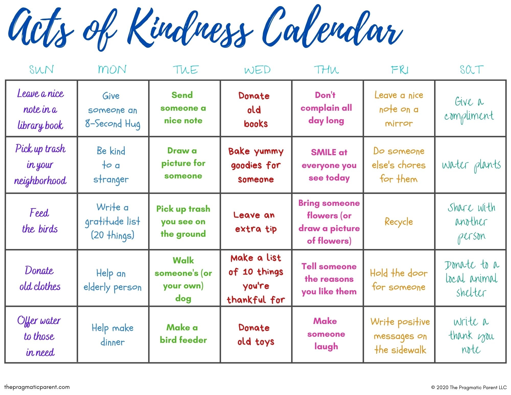 Free Printable Kindness Calendar