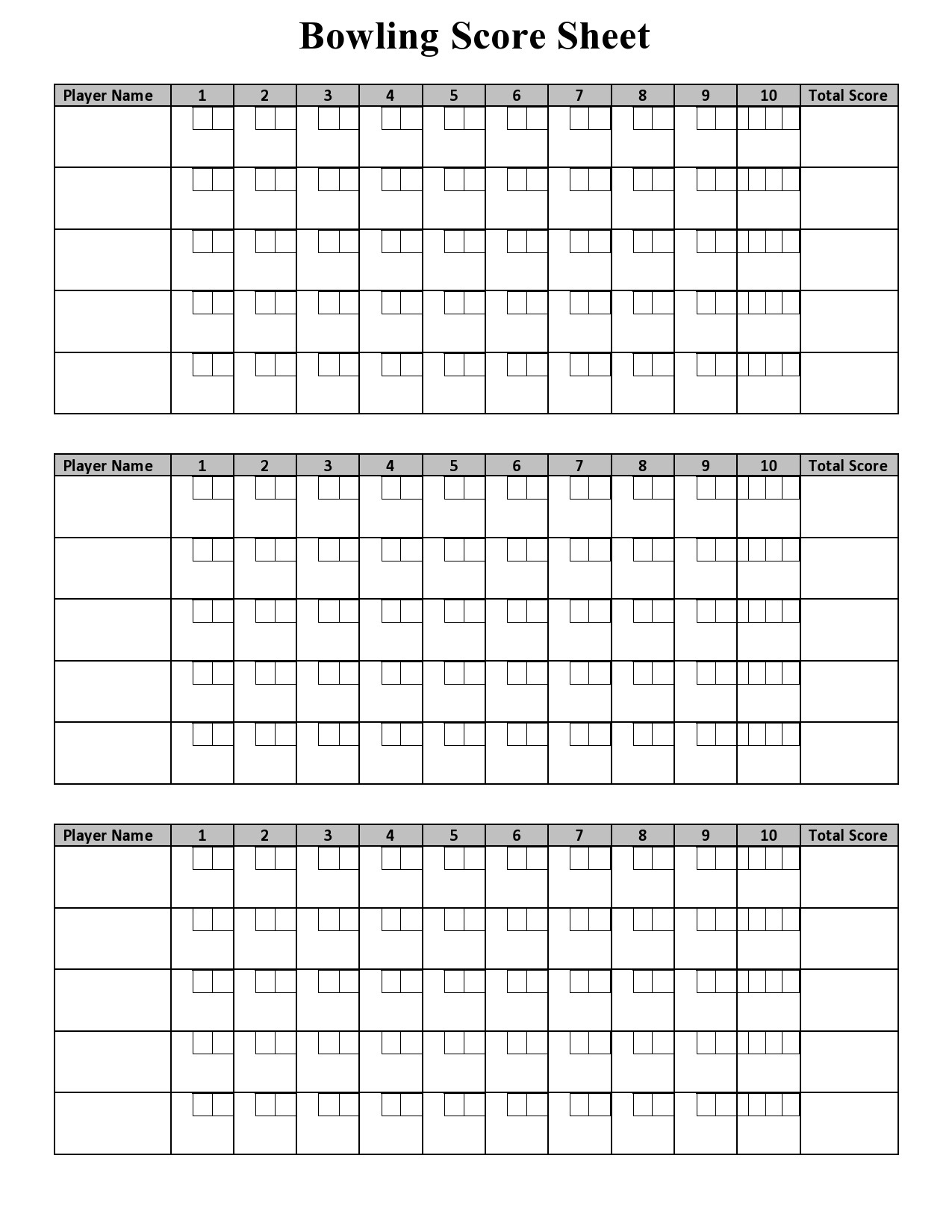 Printable Bowling Score Sheet With Pins