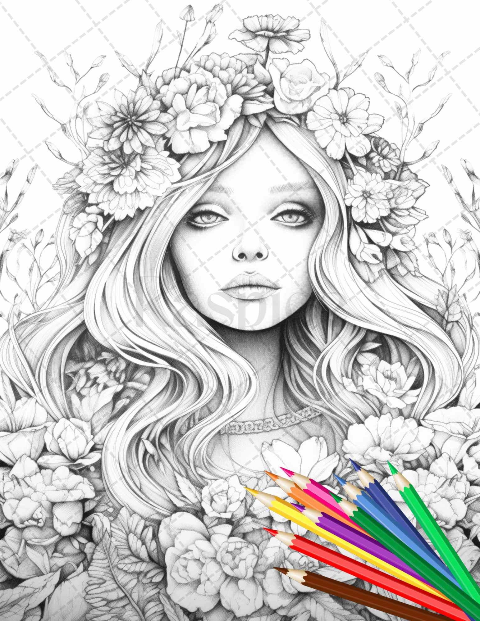 38 Flower Goddess Coloring Pages Printable For Adults Grayscale Color RASPIEE